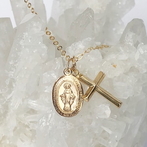 GOLD FILLED Collana ovale con croce Vergine Maria - Ciondolo Vergine Maria, Collana Vergine Maria Oro, Collana Medaglione Oro, Religioso Cattolico