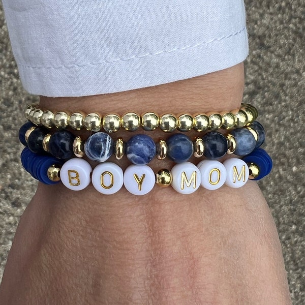 Set of 3 Bracelets Boy Mom Gold Stack • Boy Mom Stacking Bracelet • Custom Word Bracelet • Gift For Mom • Boy Mom Gift Set • Mother's Day