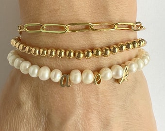 NATURAL PEARL Mothers Bracelet • Personalized Initial Pearl Bracelet • Gold Silver Name Bracelet • Stacking Stretch Bracelet for Woman