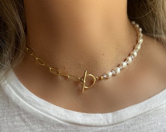 Gold Filled Silver Paperclip Chain Necklace with Pearls Toggle Clasp • Paper Clip Gold Necklace • Baroque pearl Necklace • Layering Necklace