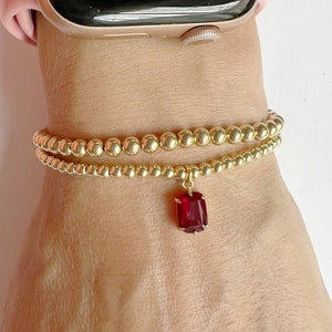 Dainty GOLD FILLED Beaded Bracelet • Baguette Birthstone Bracelet • Baguette Pendant Charm • Ruby Bracelet • July Birthday Gift • Gold Ball