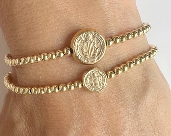 GOLD FILLED Saint Benedict Coin Bracelet • Double Sided St Benedict and Cross Catholic Bracelet • Health of Soul and Body • Protection Gift