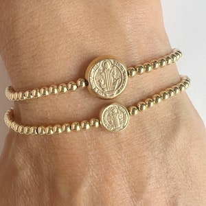 GOLD FILLED Saint Benedict Coin Bracelet • Double Sided St Benedict and Cross Catholic Bracelet • Health of Soul and Body • Protection Gift