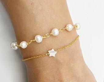 Tiny Pearl Shell Star Bracelet, Tiny Perl Shell Heart Layering Bracelet - Gold Filled, Rose gold Filled of Sterling Silver