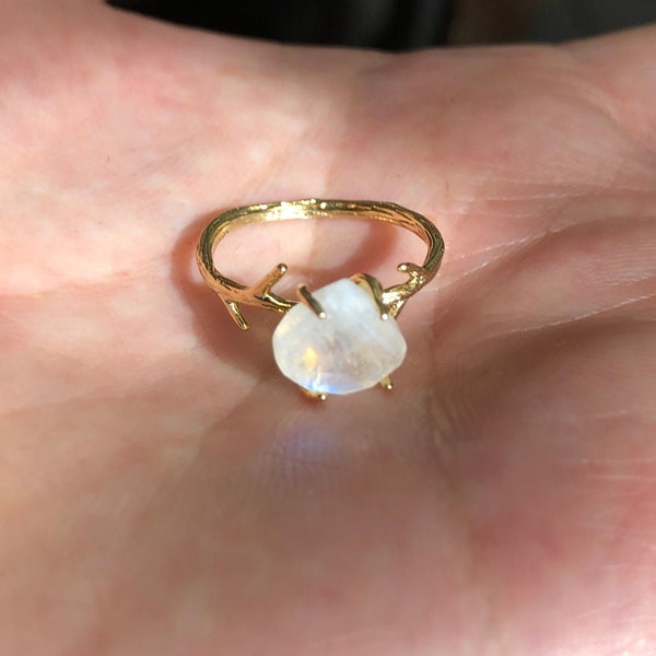 Moonstone Spiritual jewelry, Nature inspired, Gaia Jewelry, Mother Earth Jewelry, Goddess Crystal Ring, Earth Goddess Ring, Branch Ring