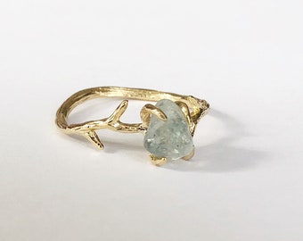 Aquamarine Crystal Branch Band Ring, Rose Gold Twig Ring, Antler Ring, Woodland Ring, Statement Ring, Nature jewelry, Tree Branch Ring