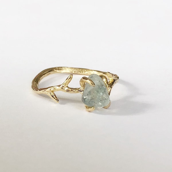 Aquamarine Crystal Branch Band Ring, Rose Gold Twig Ring, Antler Ring, Woodland Ring, Statement Ring, Nature jewelry, Tree Branch Ring