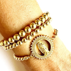 GOLD FILLED Beaded Ball Blessed Mother Virgin Mary, Our Lady of Guadalupe Bracelet, Oval Virgin Mary Bracelet, Virgin Mary Charm Bracelet