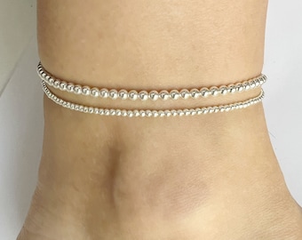 STERLING SILVER Beaded Anklet Bracelet • Beaded Ball Anklet • Beaded Stacking Anklet • Stacking Anklet • Silver Anklet  • Summer Gift