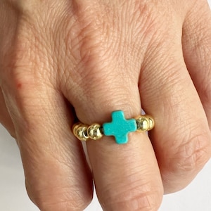 GOLD FILLED Perlen Kreuz Ring • Gold Filled Silber Perlen Ring • Türkis Kreuz Silber Ring • Stapelring • Glaube Geschenk für Schwester • Zierlich