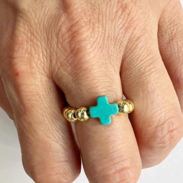 GOLD FILLED Beads Cross Ring • Gold Filled Silver Beaded Ring • Turquoise Cross Silver Ring • Stacking Ring • Faith Gift for Sister • Dainty