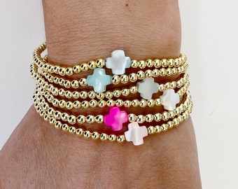 GOUD GEVULDE kralenarmband • Parelmoer Cross Bead Ball Armband • Gouden Kruisarmband • Stapelkruisarmband • Geloofsarmband