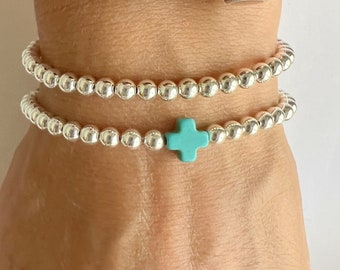 STERLING SILVER Cross Bracelet • Turquoise Cross Bead Ball Bracelet • Turquoise Silver Bracelet • Stacking Cross Bracelet for Woman