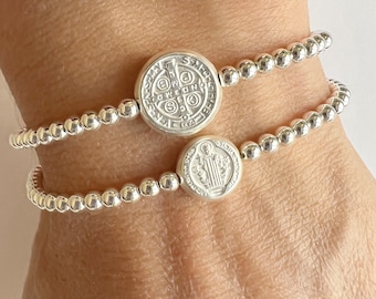 SILVER Saint Benedict Coin Bracelet • Double Sided St Benedict and Cross Catholic Bracelet • Health of Soul and Body • Protection Gift Faith