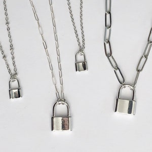 STERLING SILVER PAPERCLIP Chain Padlock Necklace, Minimalist Necklace Silver Lock Charm Necklace