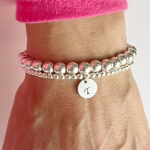 STERLING SILVER Personalized Initial Bead Ball Bracelet • Silver Name Bracelet • Stacking Stretch Bracelet for Woman