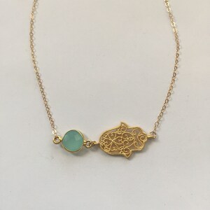 Gold hamsa hand necklace Kabbalah necklace March birthstone Hamsa jewelry Evil eye protection necklace Bat Mitzvah gift Hamsa hand of Fatima