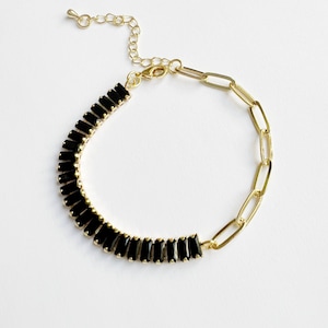 Black Onyx Bracelet Rectangle Chain Bracelet Gold Filled Jewelry Black Crystal Tennis Bracelet Girlfriend Gift Boho Black Onyx Bracelet