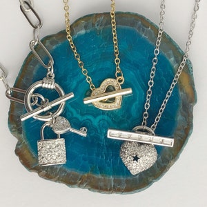 Cadena de clip de papel de plata llena de oro con collar de cierre de palanca, collar de bloqueo de corazón, collar de capas, collar de cierre de corazón para San Valentín
