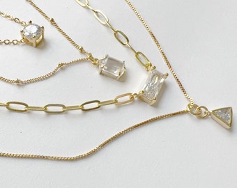 GOLD FILLED SILVER Cubic Zirconia Solitaire Diamond Necklace • Cz Baguette  Diamond Necklace • Layering Necklace • Minimalist Necklace