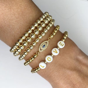 GOLD FILLED Beaded Ball Evil Eye Bracelet , Protection Gift, Stacking Stretch Bracelets