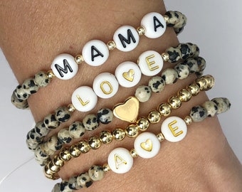 Custom Beaded Name Bracelet,  Personalized Dalmatian Jasper Bracelet, White & Gold Name Stacking Bracelet, Personalized Protection Gift