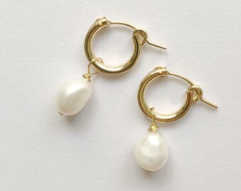 14k Gold Filled Small Baroque Pearl Hoops | Fresh Water Pearl Earrings | Organic Pearl | Bridal Earrings