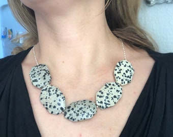 Trending Dalmatian Jasper Bib Necklace, Bold Gemstone Slice Choker Necklace