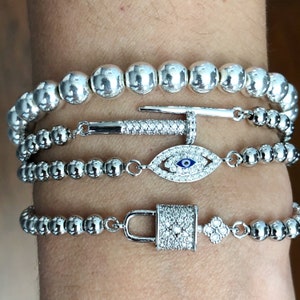 STERLING SILVER Bead Ball Bracelet • Silver Beaded Bracelet • Silver Lock Bracelet • Silver Nail Bracelet • Silver Padlock Bracelet
