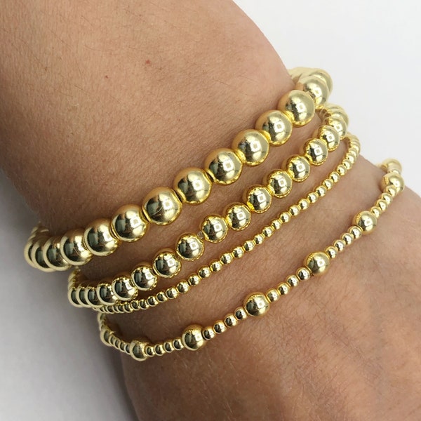 Gold Filled Beaded Ball Bracelet, 2.5mm, 3mm, 4mm, 5mm, 6mm, 7mm, 8mm 14k Yellow Gold Filled Layering Jewelry, Stacking Stretch Bracelets