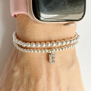 STERLING SILVER Personalized Initial Bead Ball Bracelet • Silver Name Bracelet • Stacking Stretch Bracelet for Woman