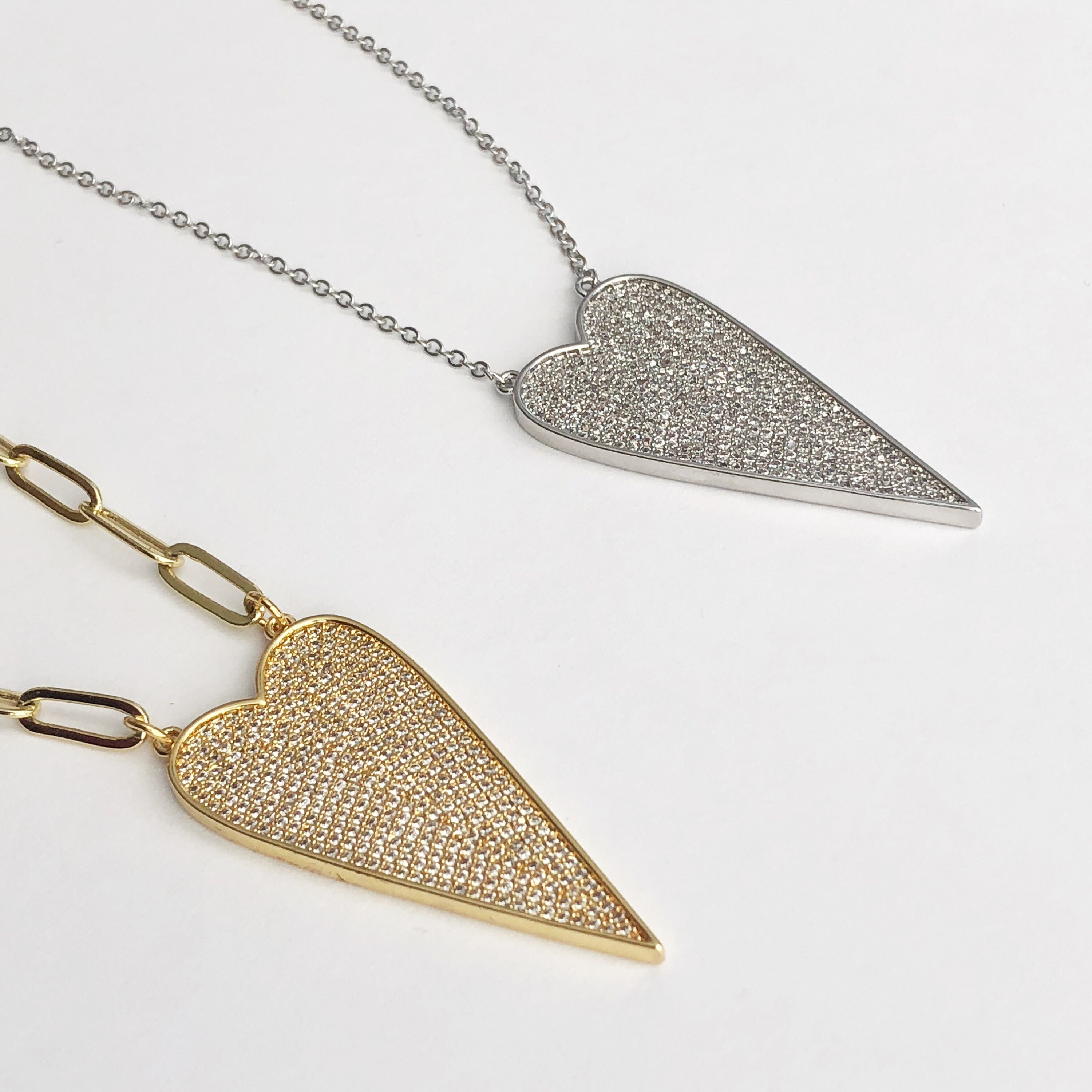 GOLD FILLED SILVER Paper Clip chain Heart Necklace Big Heart Etsy