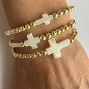 GOLD FILLED Beaded Bracelet • Mother of Pearl Cross Bead Ball Bracelet • Gold Cross  Bracelet • Stacking Cross Bracelet • Faith Bracelet
