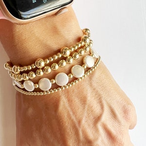 GOLD FILLED SILVER Beaded Bracelet • Mother of Pearl Coin Bead Ball Bracelet • Gold Coin Bracelet • Stacking Coin Bracelet • Silver Bracelet
