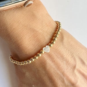 GOLD FILLED SILVER Beaded Bracelet • Mother of Pearl Hear Bead Ball Bracelet • Gold Heart Bracelet • Stacking Heart Bracelet • Love Bracelet