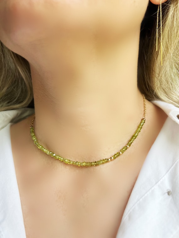 GOLD FILLED SILVER Raw Peridot Choker Necklace • August Birthstone