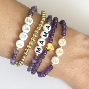 February Birthstone Amethyst Bracelet, Custom Name Beaded Bracelet, White and Gold Name Stacking Bracelet, Custom Word Beaded Bracelet