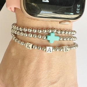 STERLING SILVER Mothers Bracelet • Personalized Initial Bead Ball Bracelet • Silver Name Bracelet • Stacking Stretch Bracelet for Woman