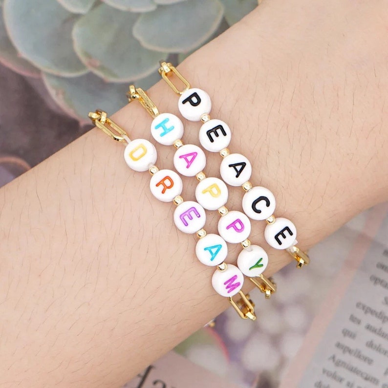 14 K GOLD FILLED PAPERCLIP Chain Beaded Name Bracelet White Etsy