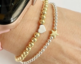 GOUD GEVULDE ZILVEREN kralen gemengde metalen armband • Zilveren hart kraal bal armband • Gouden hart zilveren armband • Stapelarmband • Cadeau