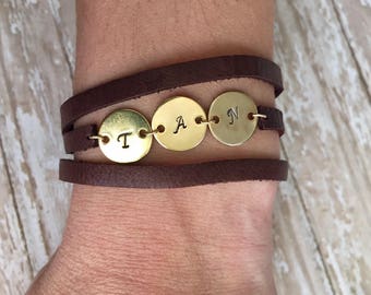 Custom Rose GOLD FILLED SILVER Name Bracelet for Mom • Personalized Initial Leather Wrap Bracelet Monogram Sisters Bracelet • Friendship