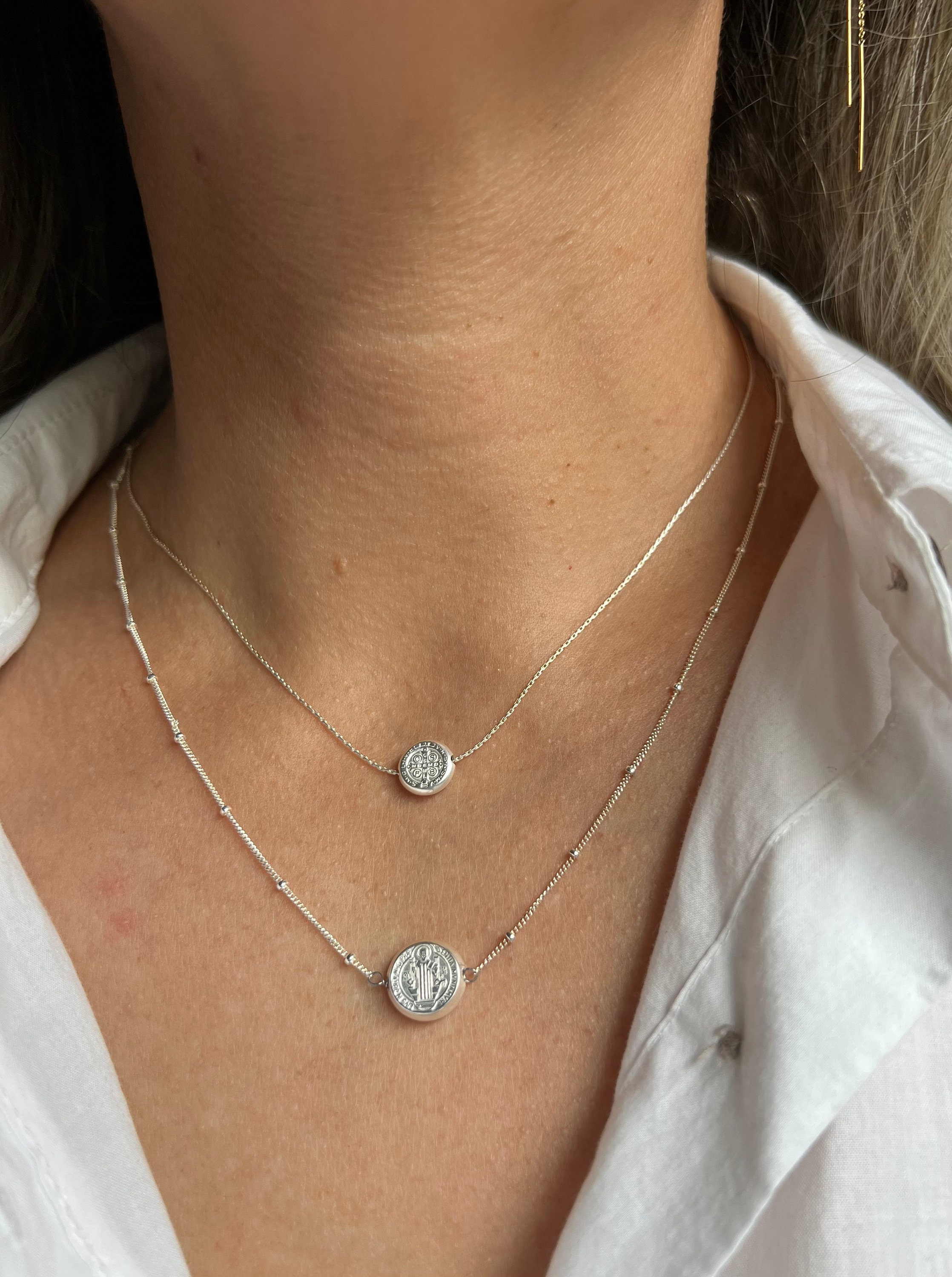 STERLING SILVER Saint Benedict Coin Necklace • Double Sided St Benedict and Cross Catholic Necklace • Health of Soul and Body • Protection