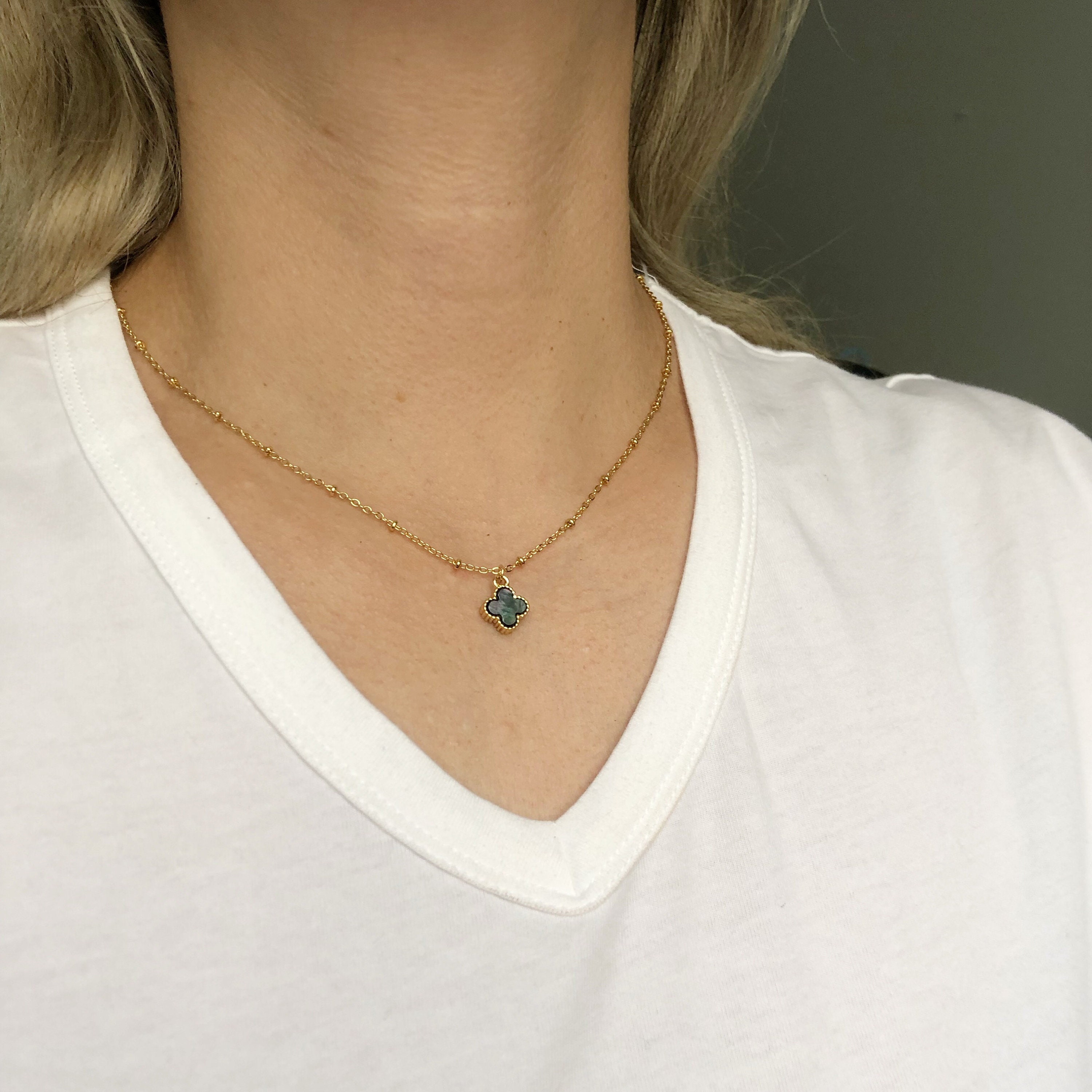 Pearl Shell Clover GOLD FILLED Paper Clip, Satellite Chain