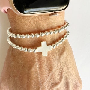 Sterling SILVER Beaded Bracelet • Mother of Pearl Cross Bead Ball Bracelet • Silver Cross Bracelet • Stacking Cross Bracelet • Faith Gift