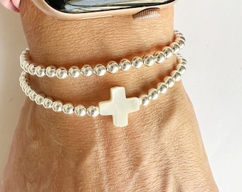 Sterling SILVER Beaded Bracelet • Mother of Pearl Cross Bead Ball Bracelet • Silver Cross Bracelet • Stacking Cross Bracelet • Faith Gift