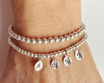 STERLING SILVER Personalized Initial Bead Ball Bracelet • Silver Name Bracelet • Mom Bracelet • Kids Name Gift for Mother • Grandma Bracelet