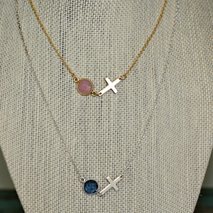 Horizontal tiny cross necklace gift from godfather to goddaughter Sideways dainty cross birthstone necklace Unbiological sister faith  gift