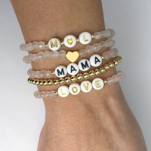 Custom Beaded Name Bracelet, Personalized Rose Quartz Bracelet, White & Gold Name Stacking Bracelet, Personalized Love Stone Gift