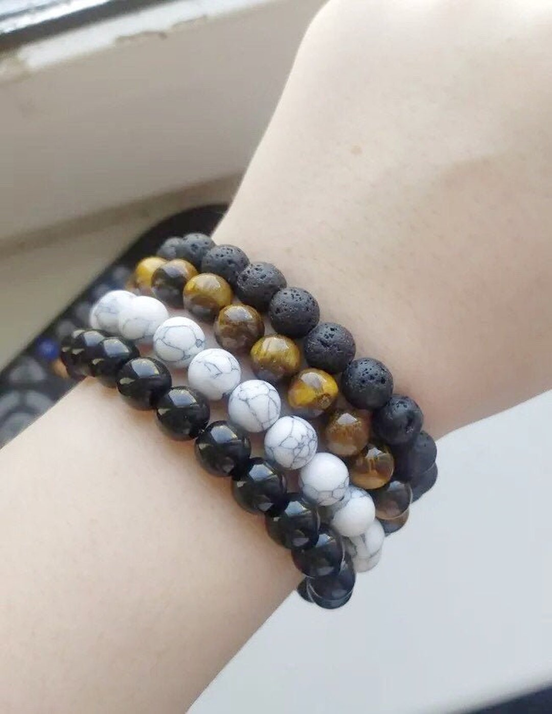 Mens Bracelet - Tiger Eye Gemstone Beaded Bracelet ,howlite Stress