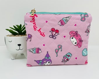 Quilted pink kawaii zipper pouch